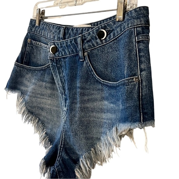 Crossover Waist Fringe Hem High Rise Denim Jean Cutoff Shorts 27 - Picture 2 of 14